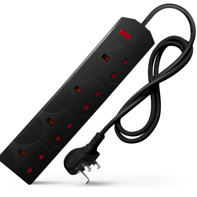 Power strip with six outlets, a 1m cord, and a sleek black design on a blue background.